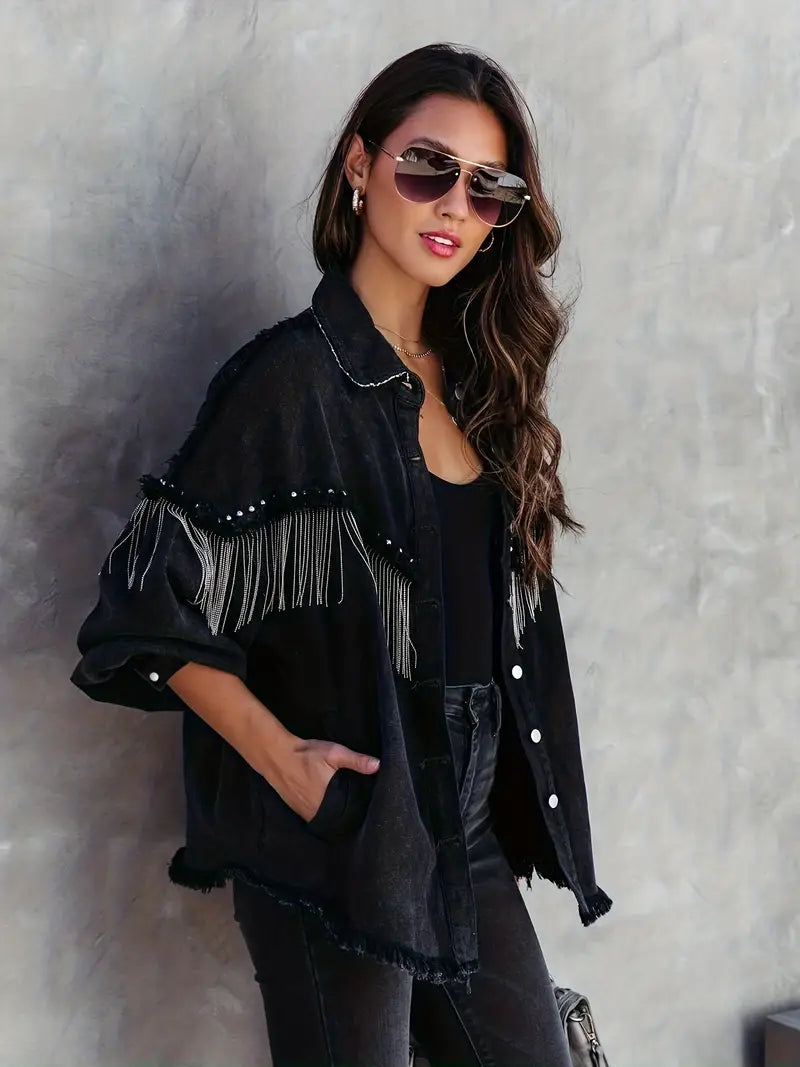 Mint | Boho Denim Jacket for Women – With Fringes & Studs