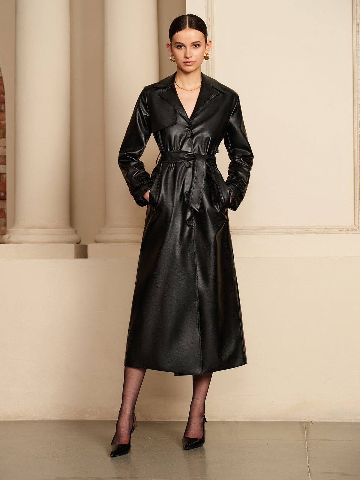 Rianne | Black Long Trench Coat in Imitation Leather for Women