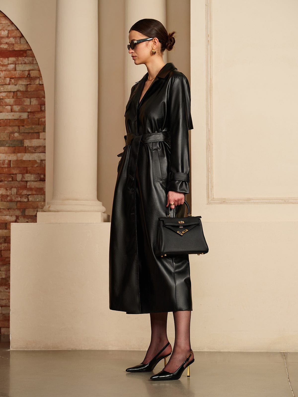 Rianne | Black Long Trench Coat in Imitation Leather for Women