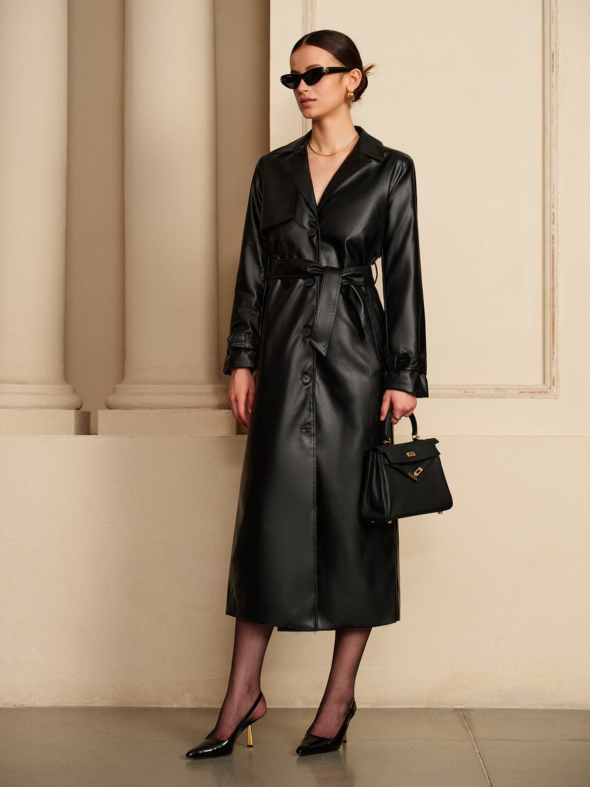 Rianne | Black Long Trench Coat in Imitation Leather for Women