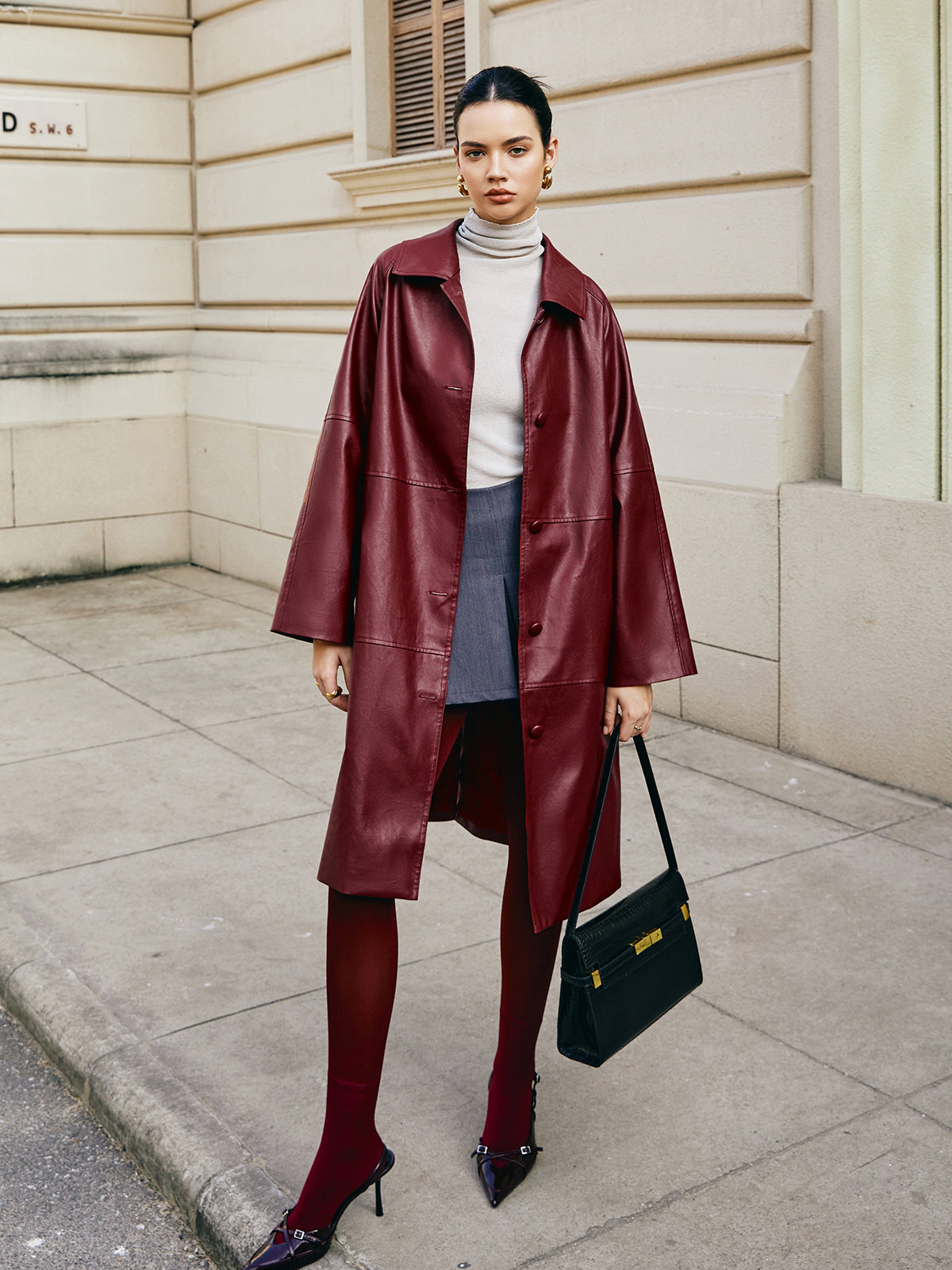Elysia | Vintage Long Coat Made of Imitation Leather - Warm & Stylish