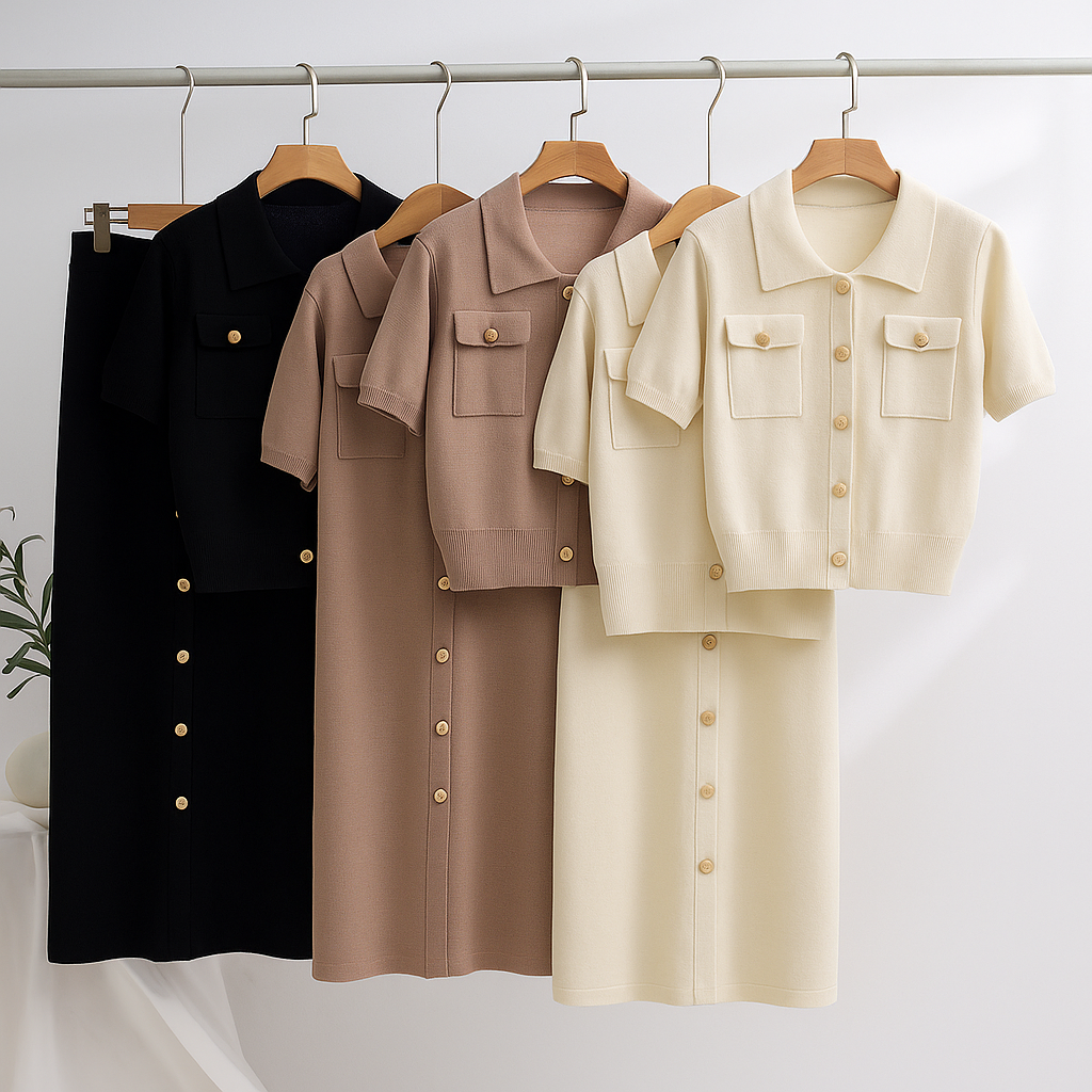 Elegant Two-Piece Ensemble - Short Sleeve Sweater with Long Skirt
