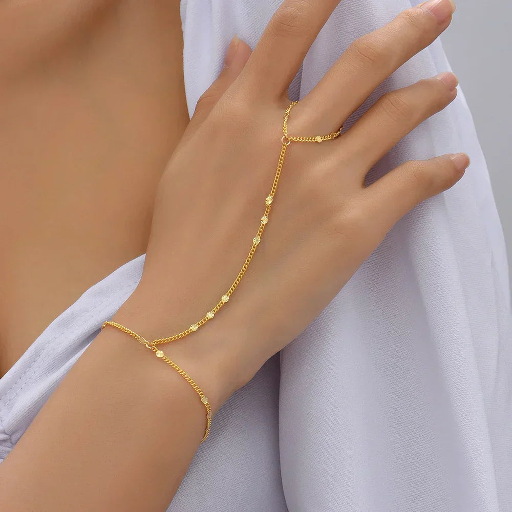 Elicia | Gold-Toned Hand Chain Bracelet with Attached Ring