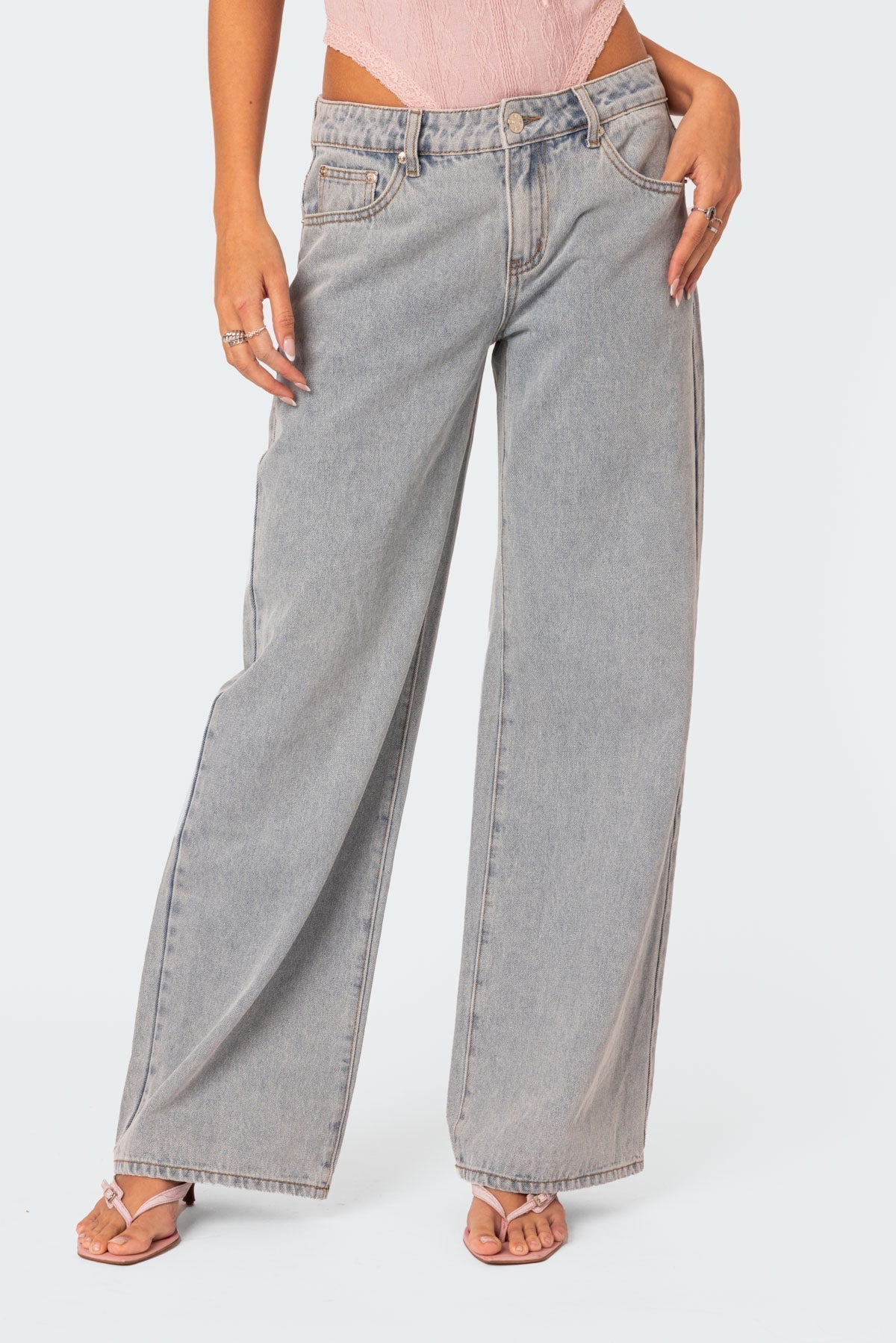 Dahna | Wide-Leg Denim Jeans with Pink Bow Accents