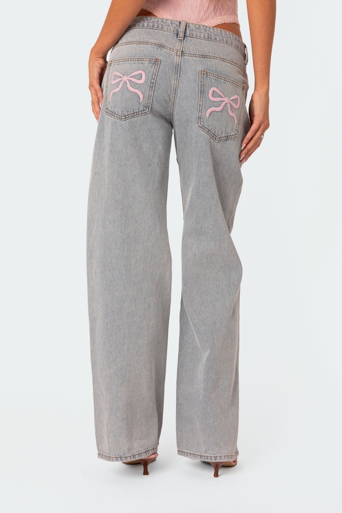 Dahna | Wide-Leg Denim Jeans with Pink Bow Accents