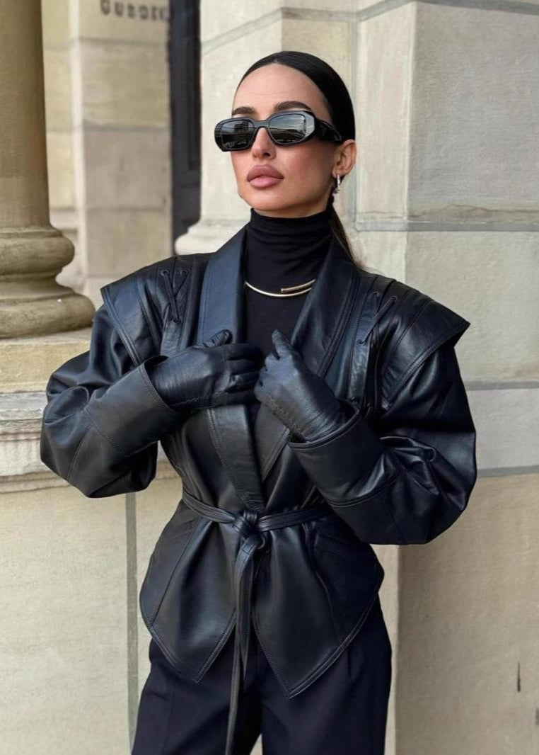 Madée | Black Leather Look Women's Blazer with Bow Belt and Shoulder Details