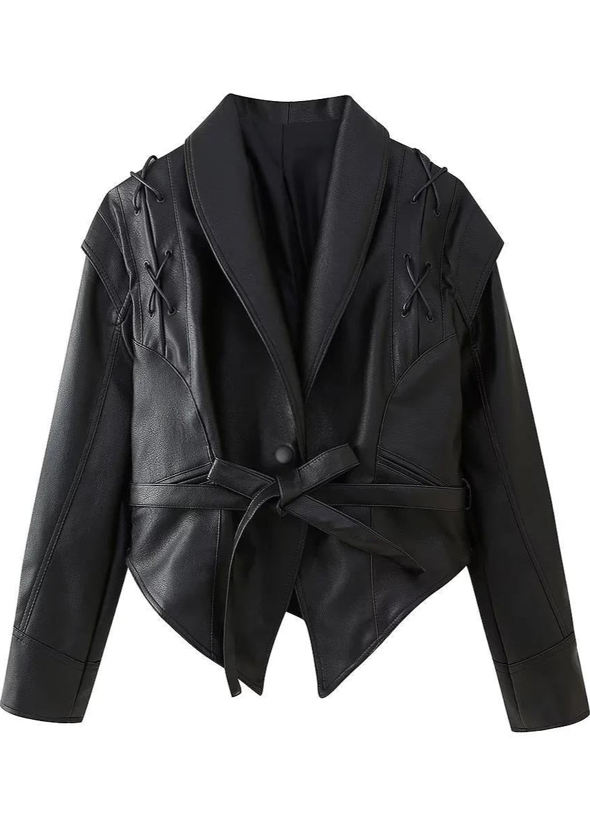 Madée | Black Leather Look Women's Blazer with Bow Belt and Shoulder Details