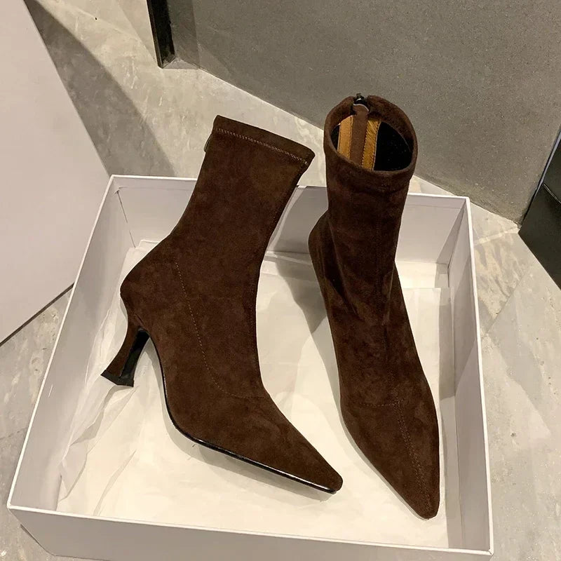 Noémie | Black Suede-Look Toe Sock Boots with Heel