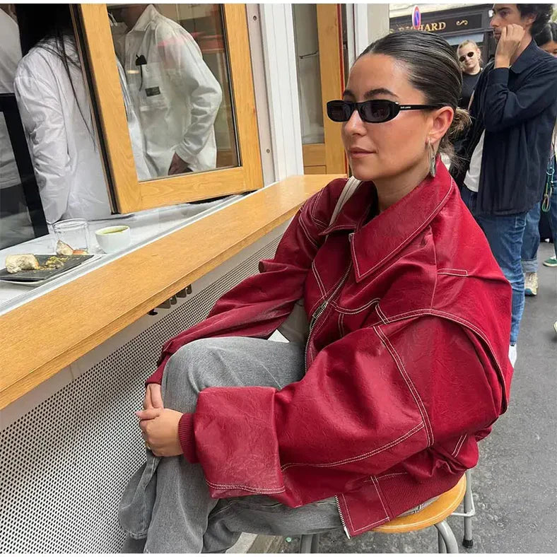 Noa | Oversized Red Leather Jacket