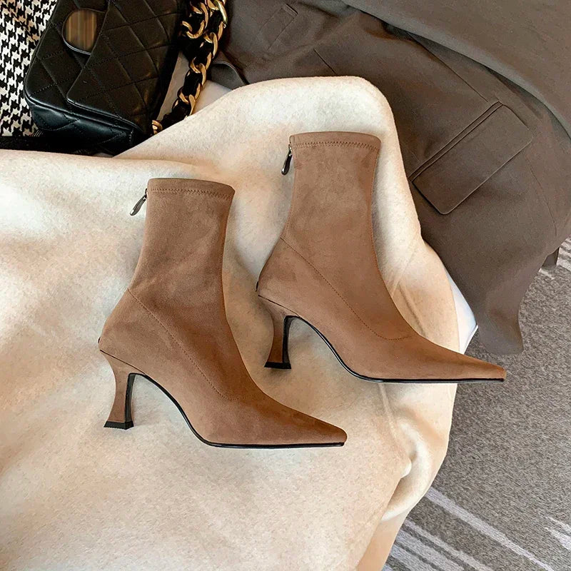 Noémie | Black Suede-Look Toe Sock Boots with Heel