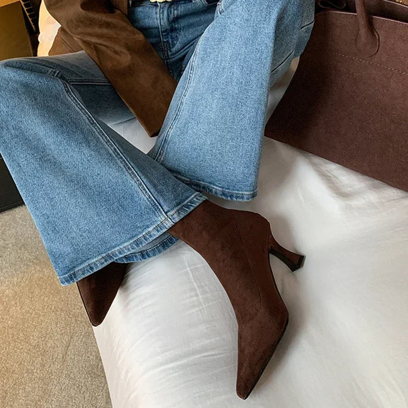Noémie | Black Suede-Look Toe Sock Boots with Heel