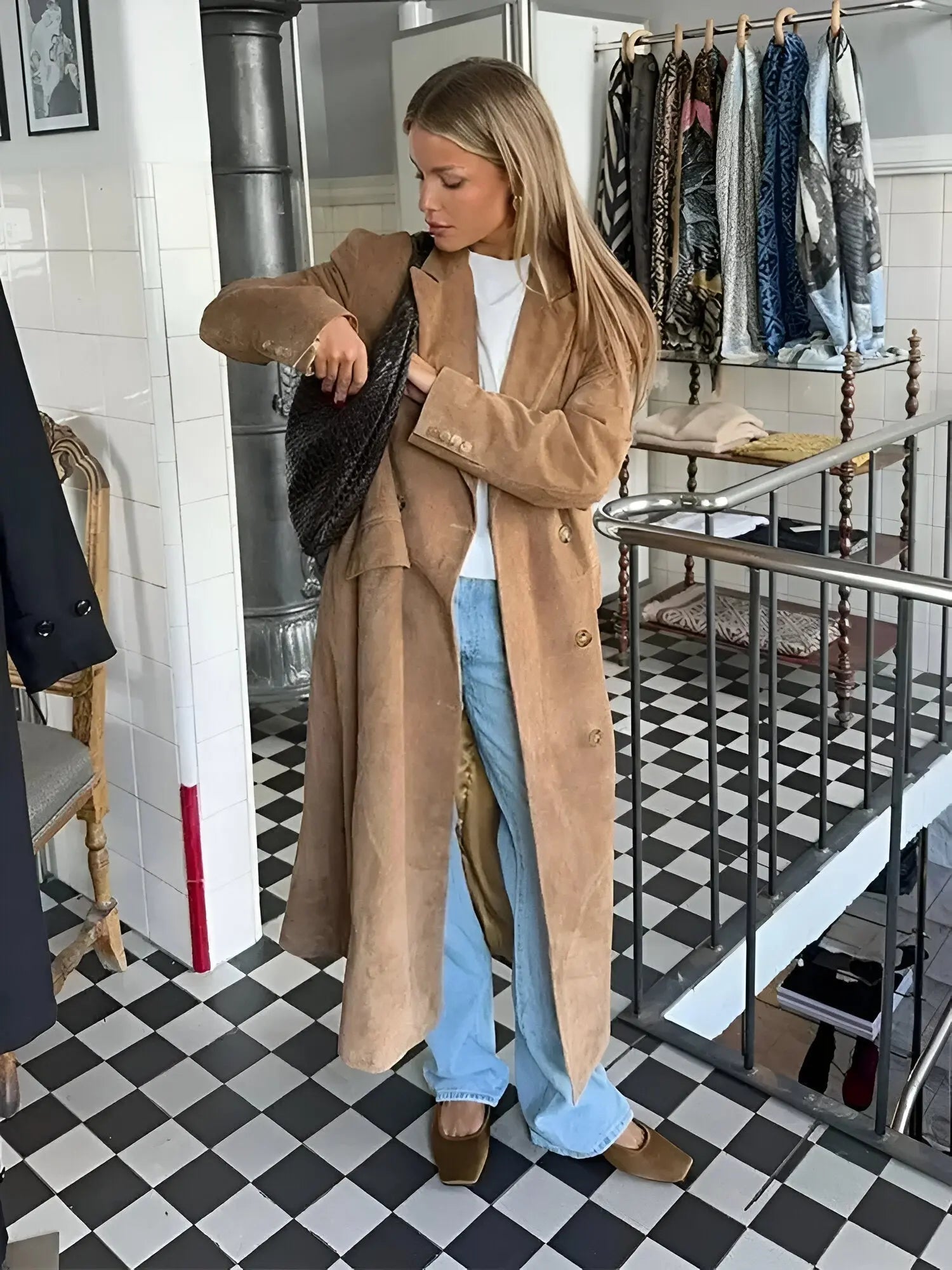Alison | Long Trench Coat with Lapels for Women - Elegant Draped Coat