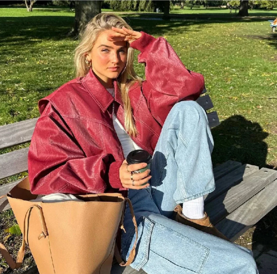 Noa | Oversized Red Leather Jacket