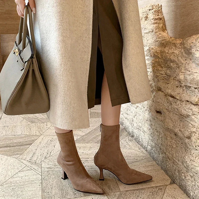 Noémie | Black Suede-Look Toe Sock Boots with Heel