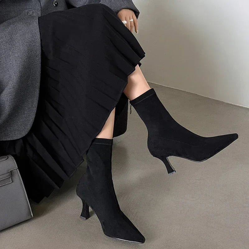 Noémie | Black Suede-Look Toe Sock Boots with Heel