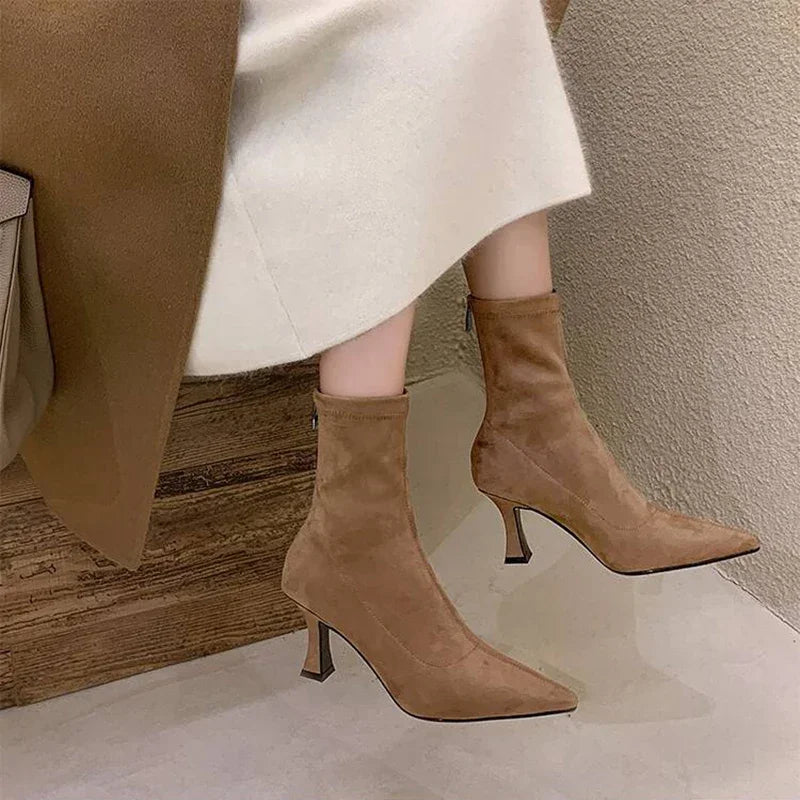 Noémie | Black Suede-Look Toe Sock Boots with Heel
