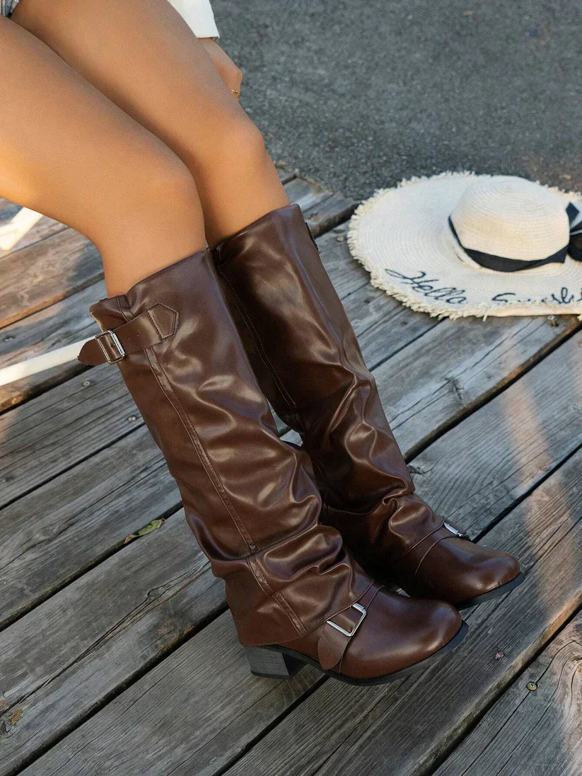Magaly | Slouchy Knee-High Vegan Boots with Buckle Details