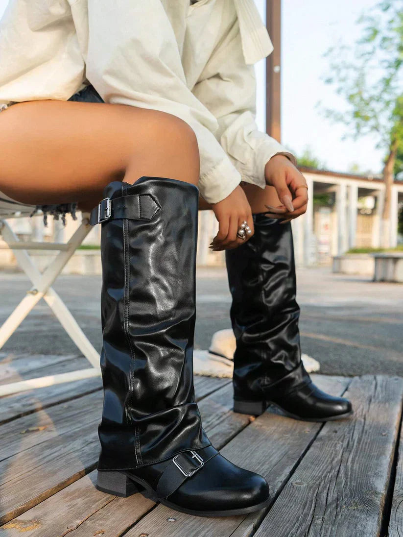 Magaly | Slouchy Knee-High Vegan Boots with Buckle Details