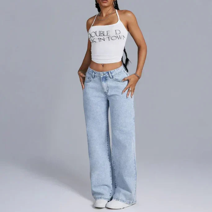Dahna | Wide-Leg Denim Jeans with Pink Bow Accents
