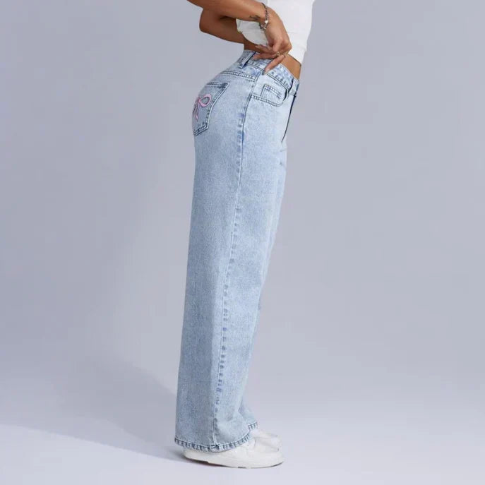 Dahna | Wide-Leg Denim Jeans with Pink Bow Accents