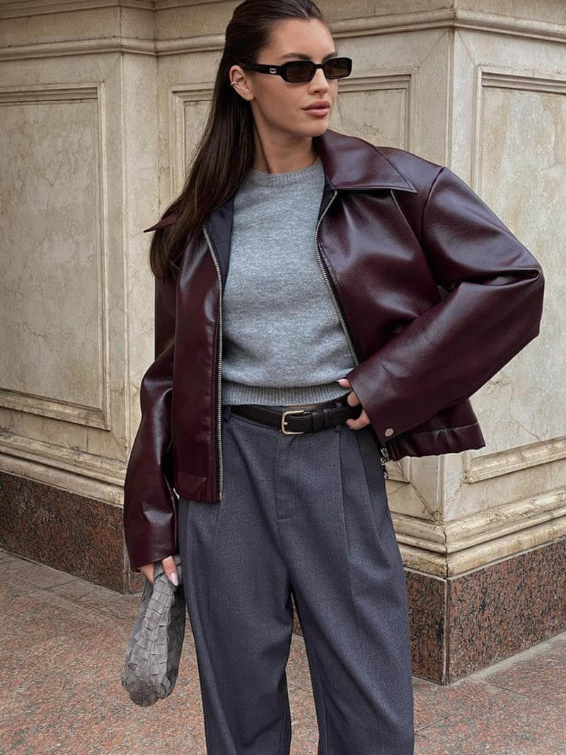 Meis | Burgundy Leather Jacket for Women