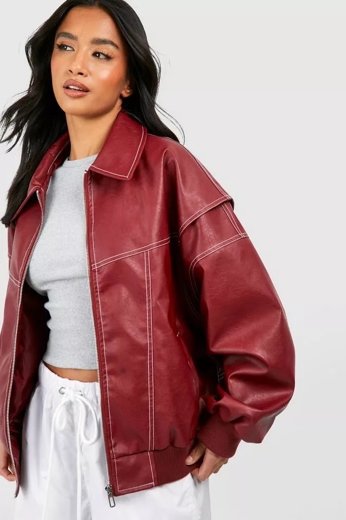 Noa | Oversized Red Leather Jacket