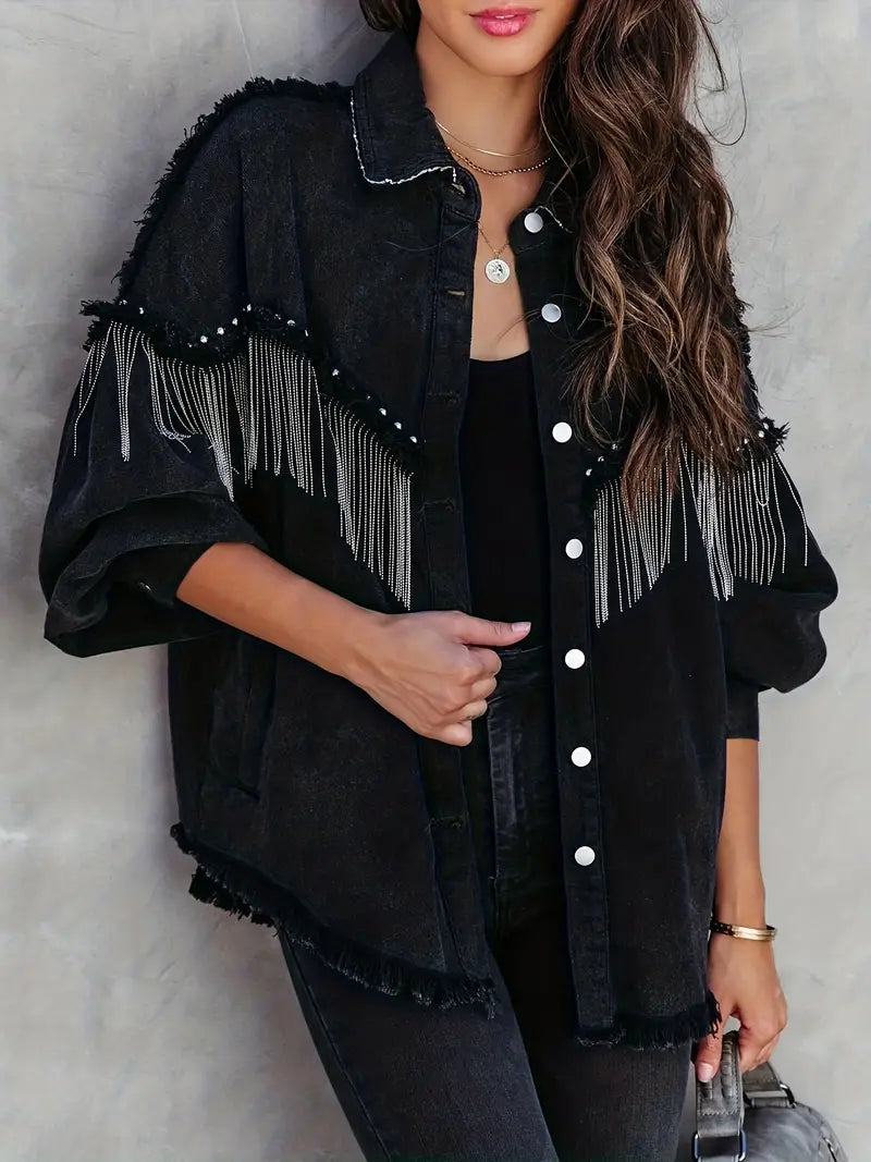 Mint | Boho Denim Jacket for Women – With Fringes & Studs