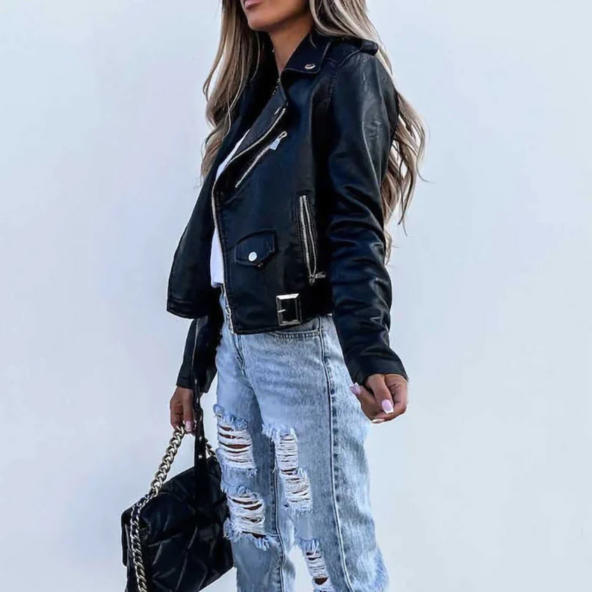 Fenna | Stylish Padded Leather Jacket with Zipper