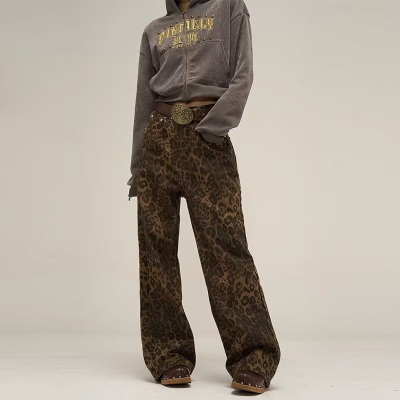 Melyna | Women's High-Waisted Wide-Leg Leopard Print Jeans