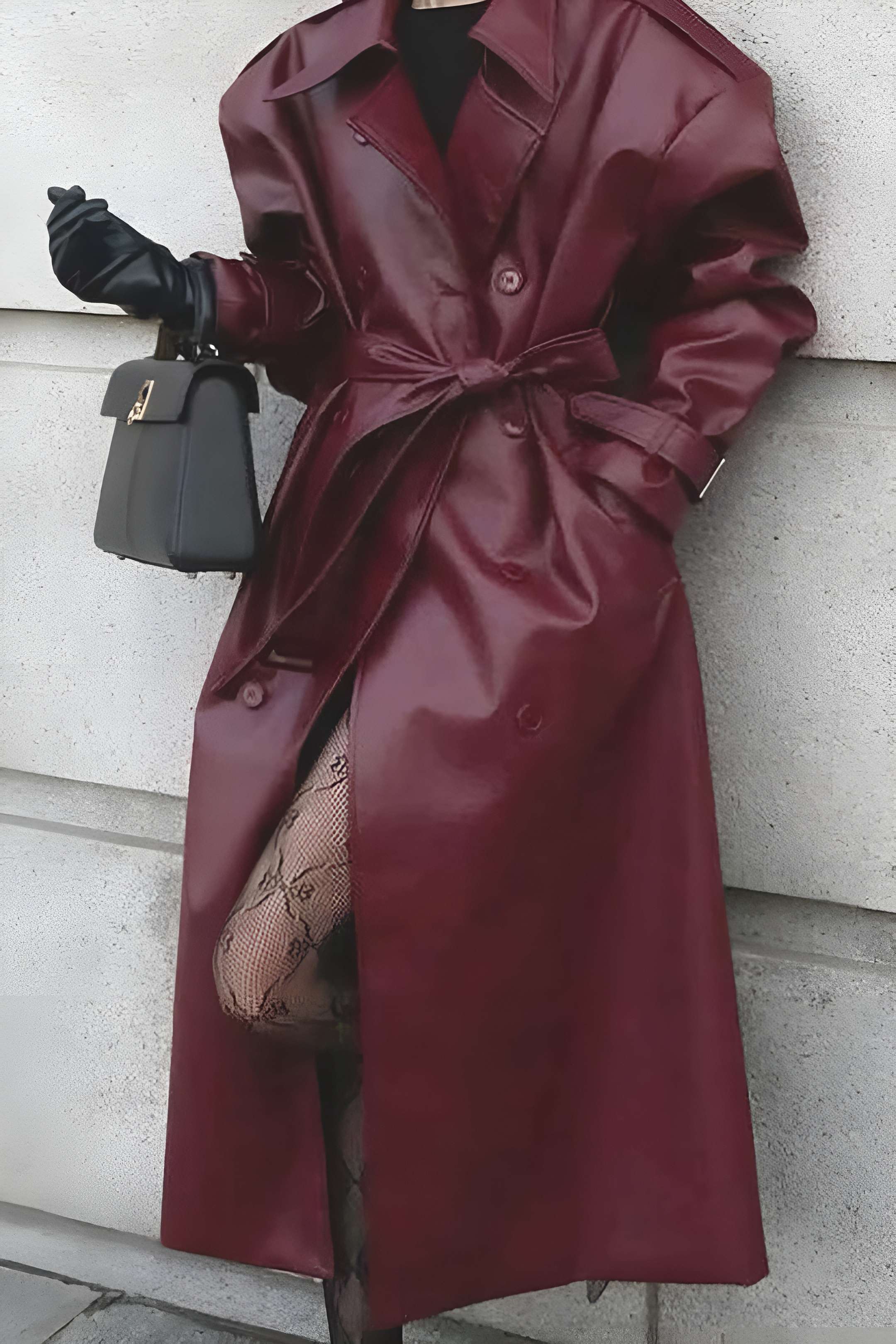 Vevila | Stylish Women's Trench Coat – Faux Leather with Belt - Bordeaux and Black