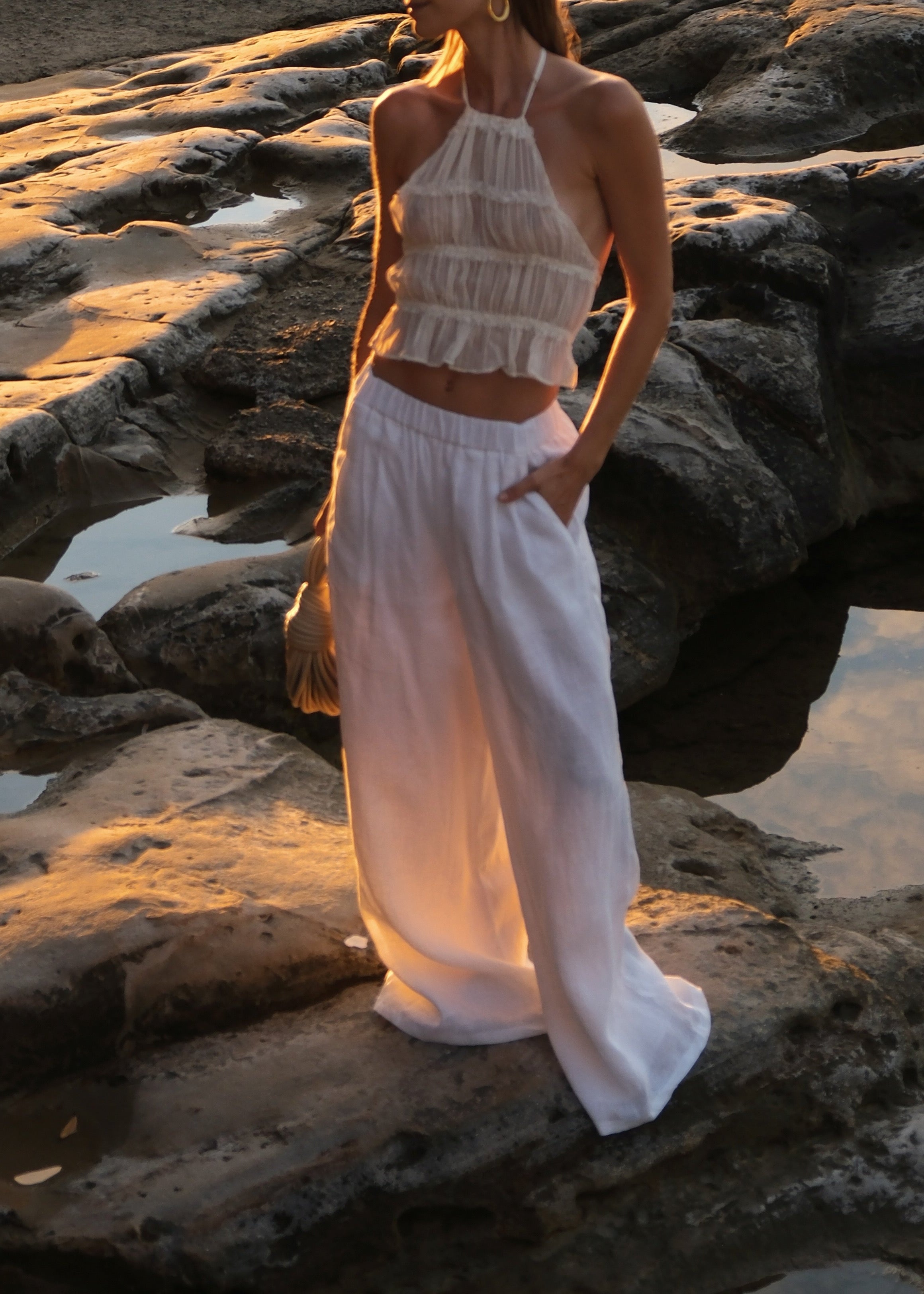Roma | Women's White Low-Waist Palazzo Summer Pants