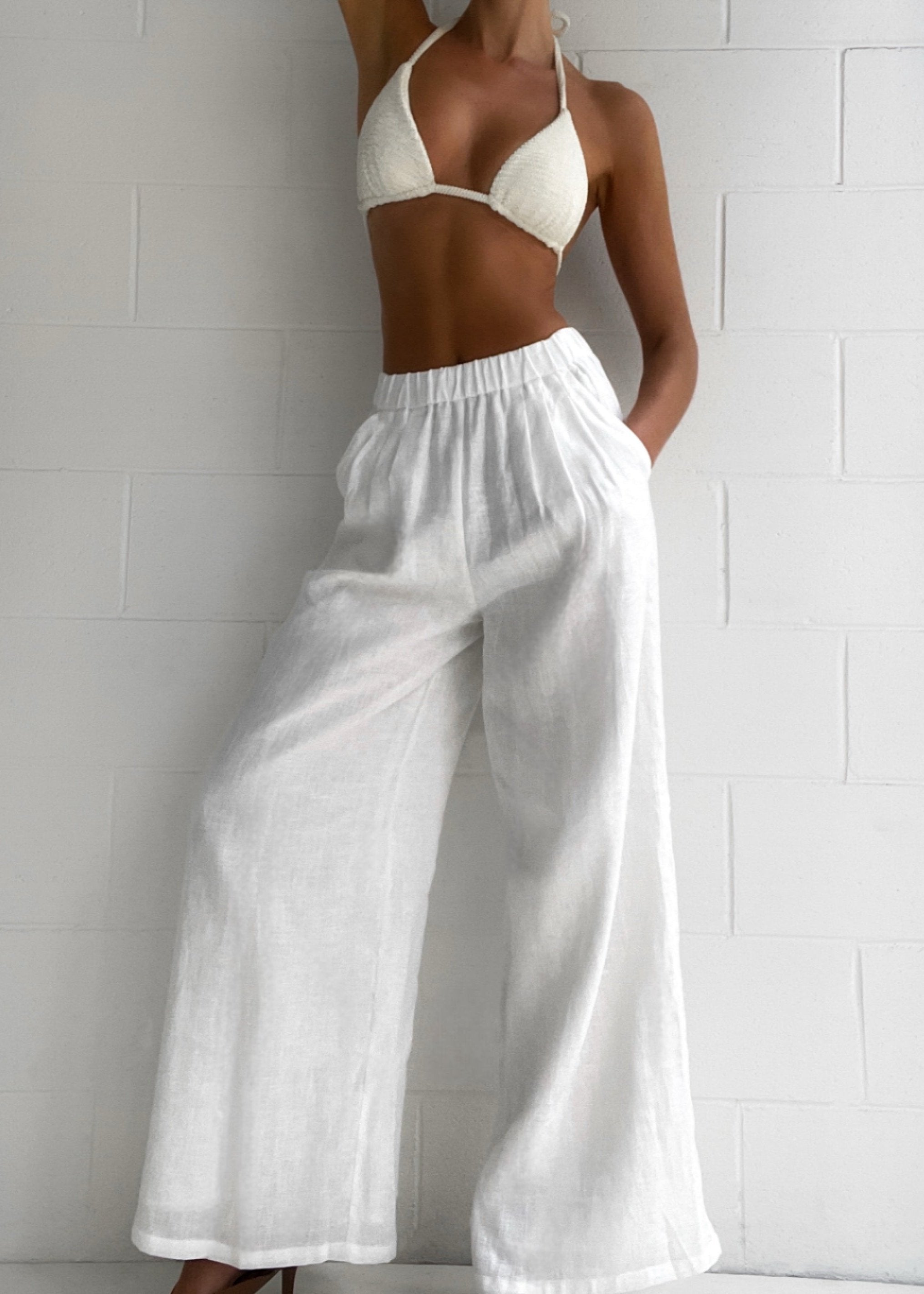Roma | Women's White Low-Waist Palazzo Summer Pants