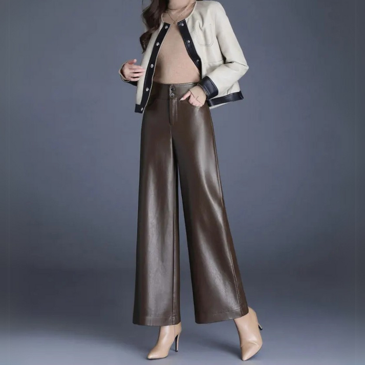 Stacia | Chic High-Waisted Faux Leather Trousers for Women – Comfortable Wide Fit