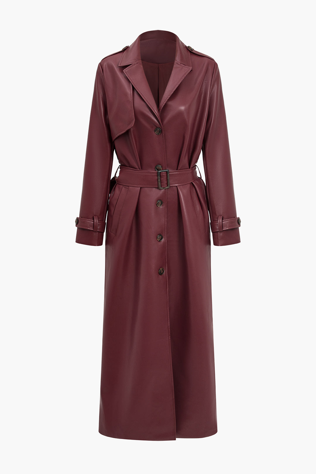 Vevila | Stylish Women's Trench Coat – Faux Leather with Belt - Bordeaux and Black
