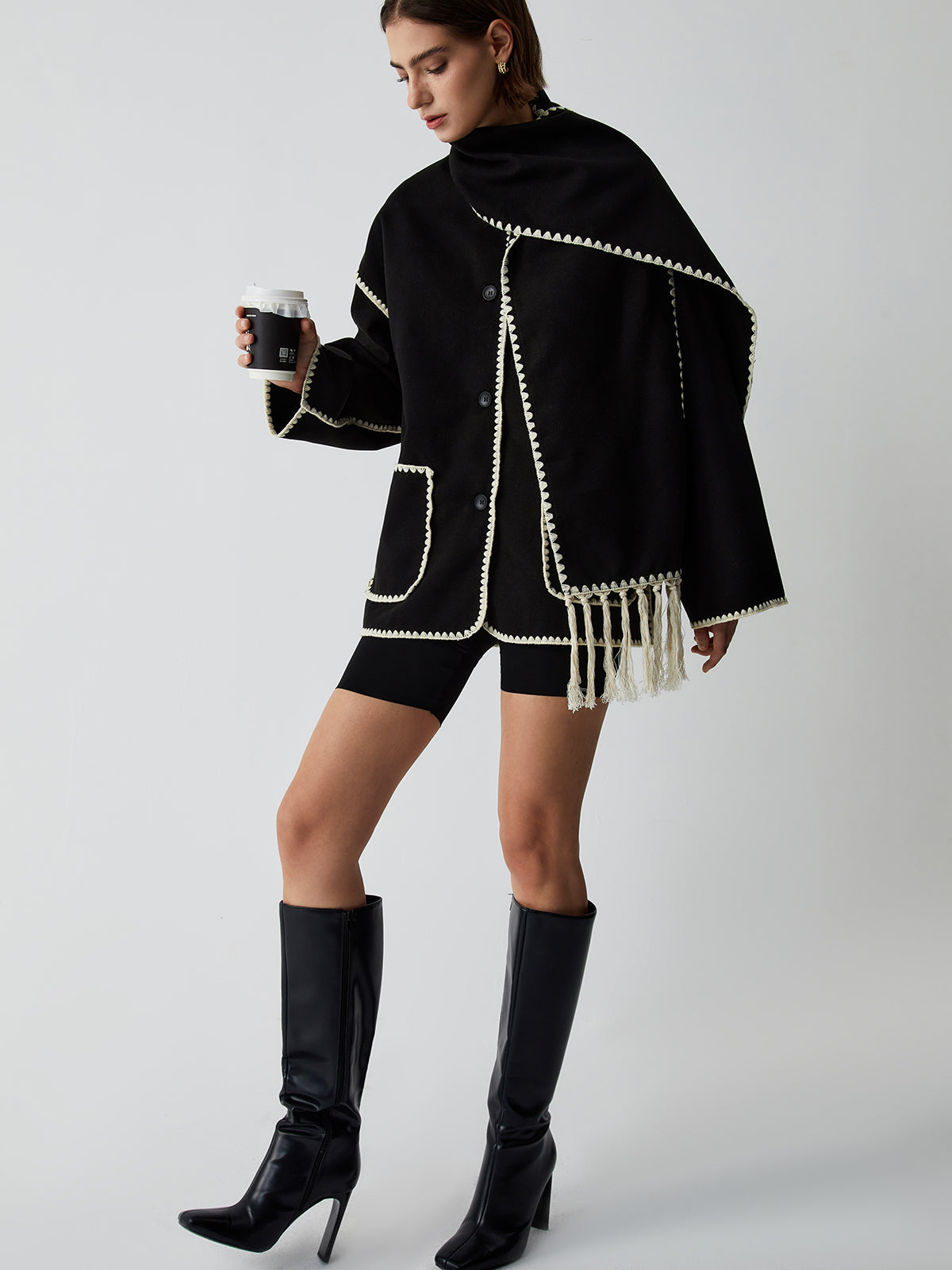 Belise | Contrast Trim Jacket with Scarf – Stylish & Comfortable