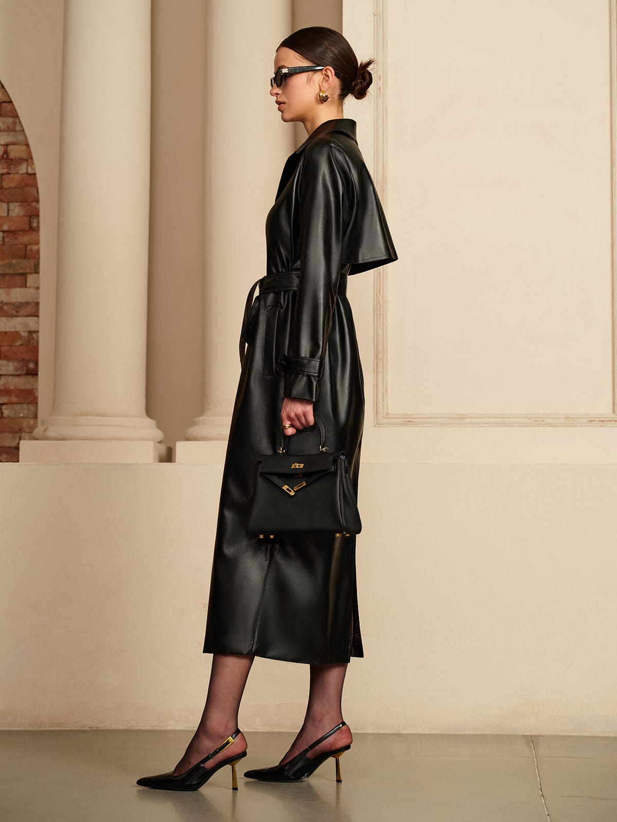 Rianne | Black Long Trench Coat in Imitation Leather for Women