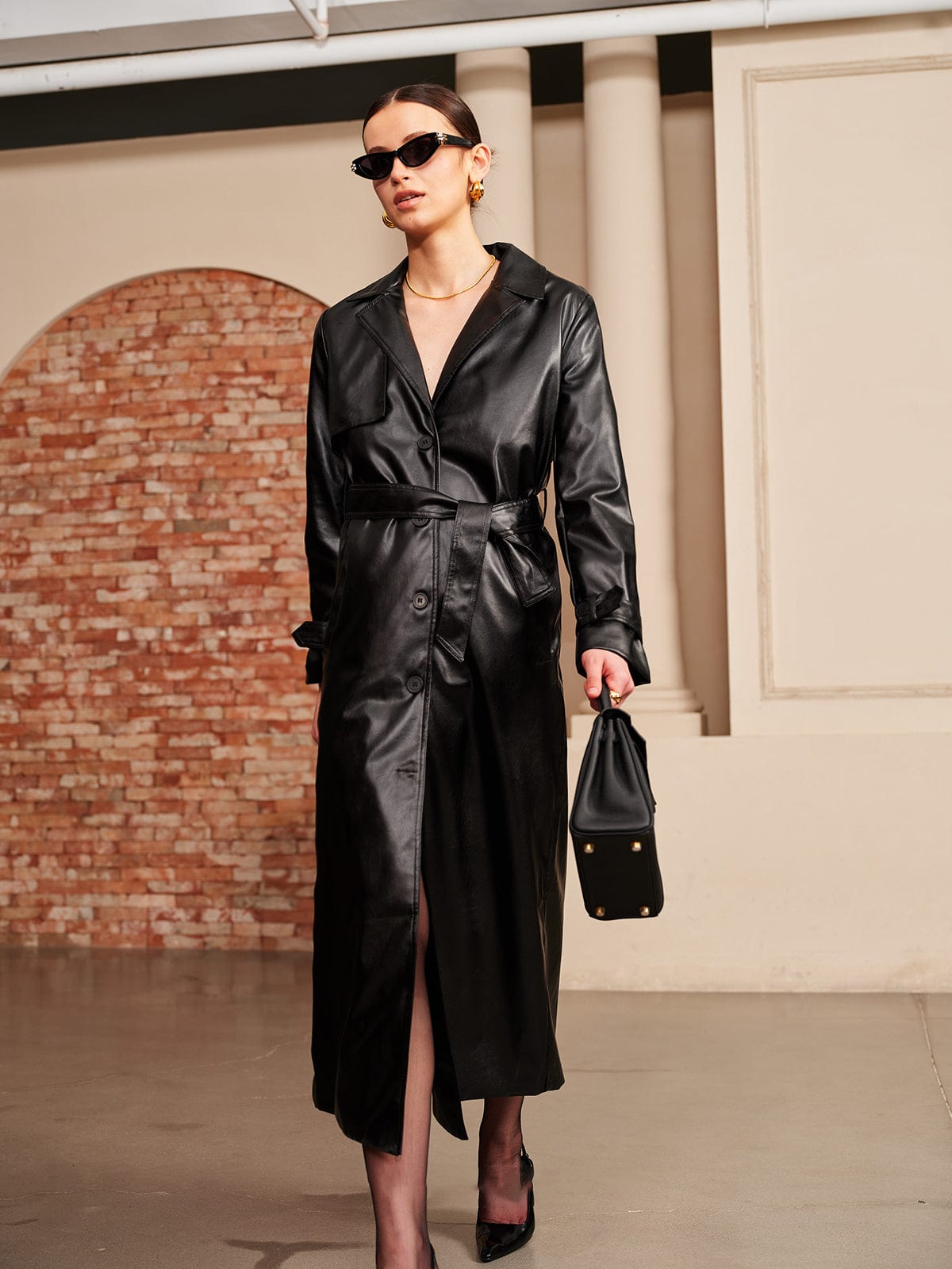 Rianne | Black Long Trench Coat in Imitation Leather for Women