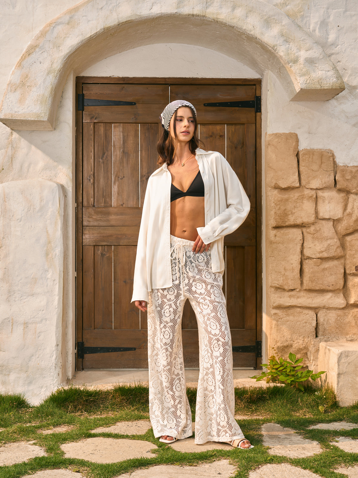 Doha | Sheer Mid-Rise Lace-Trimmed Pants with Drawstring