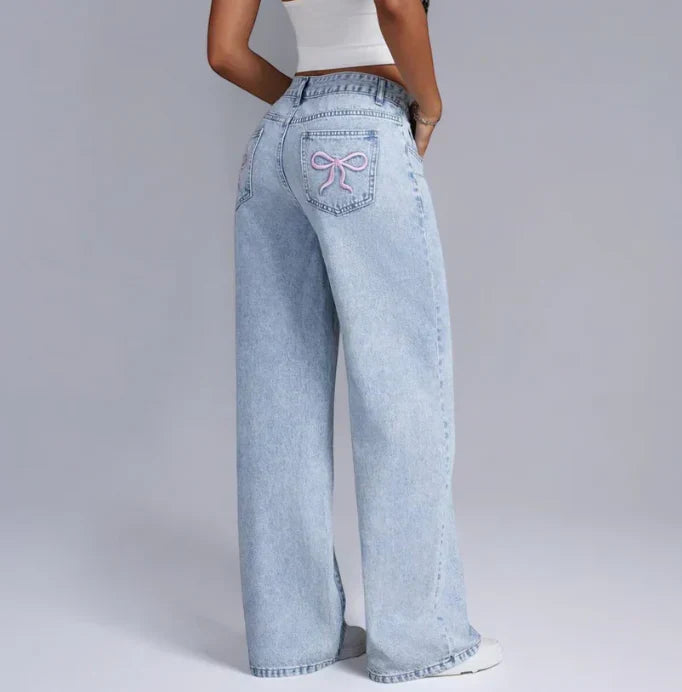 Dahna | Wide-Leg Denim Jeans with Pink Bow Accents