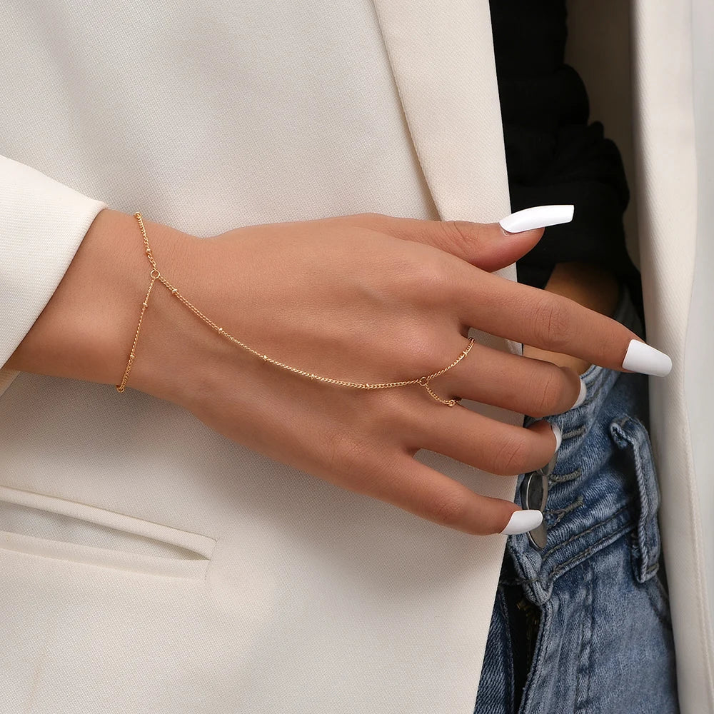 Elicia | Gold-Toned Hand Chain Bracelet with Attached Ring