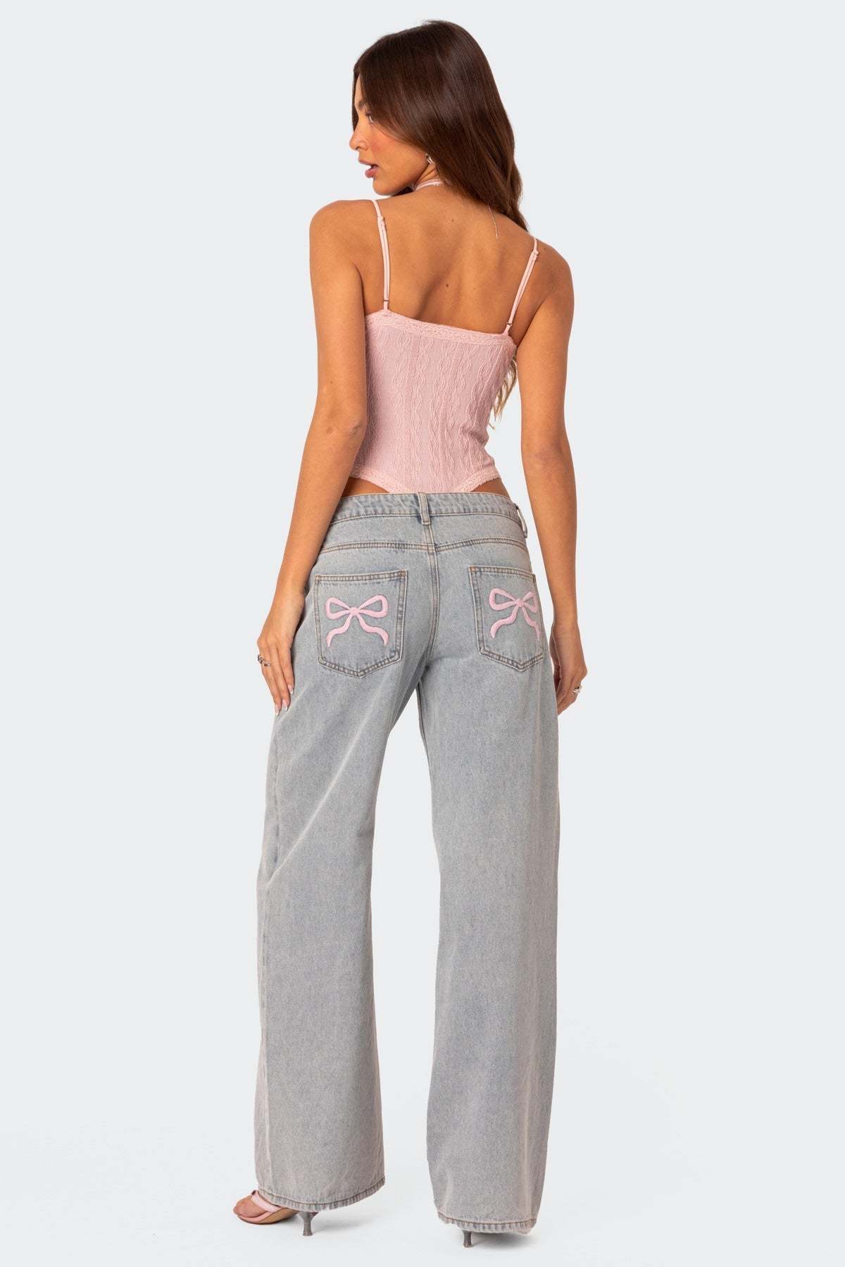 Dahna | Wide-Leg Denim Jeans with Pink Bow Accents