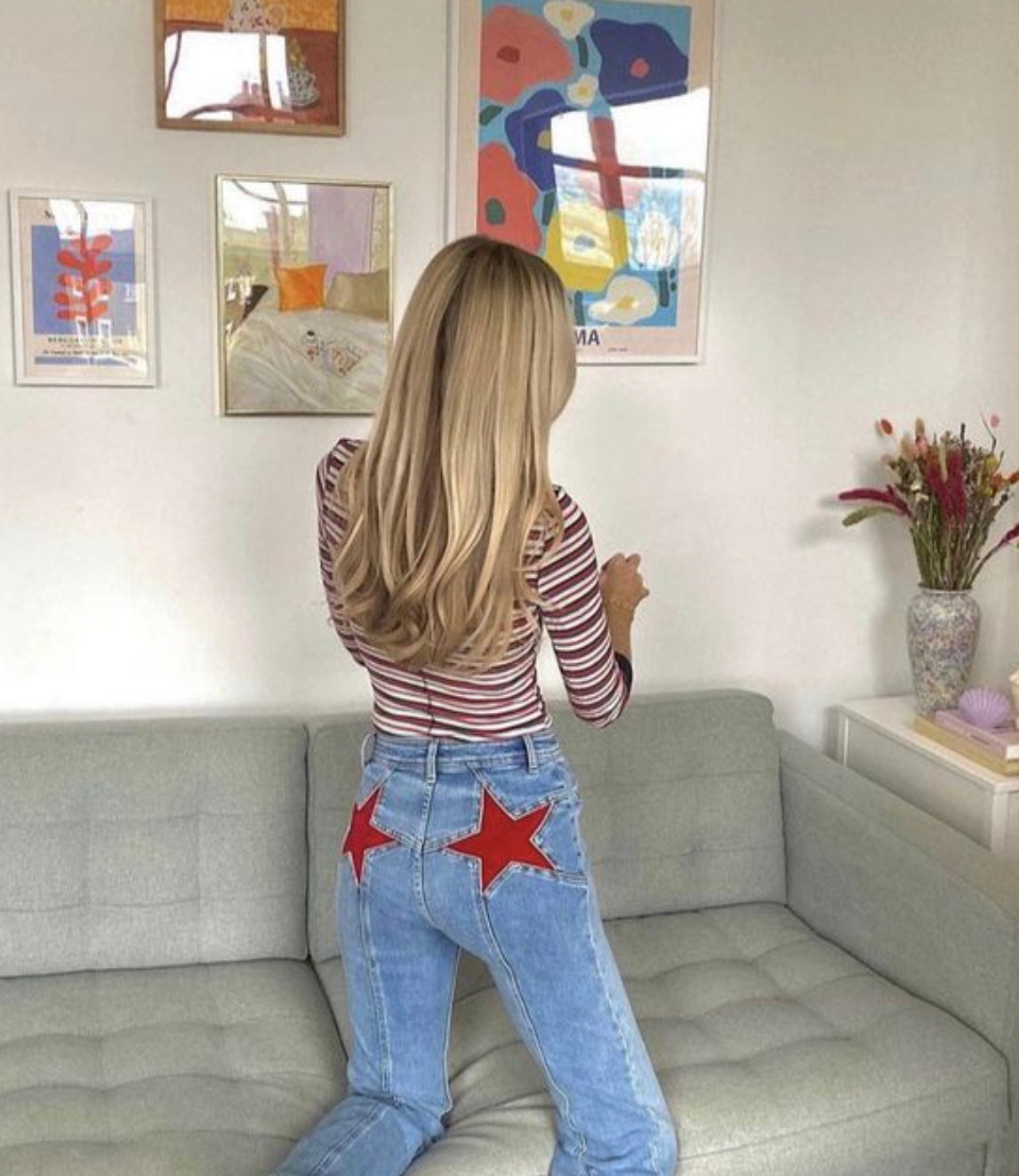Mugain | High-Waisted Flared Jeans Featuring Red Star Accents