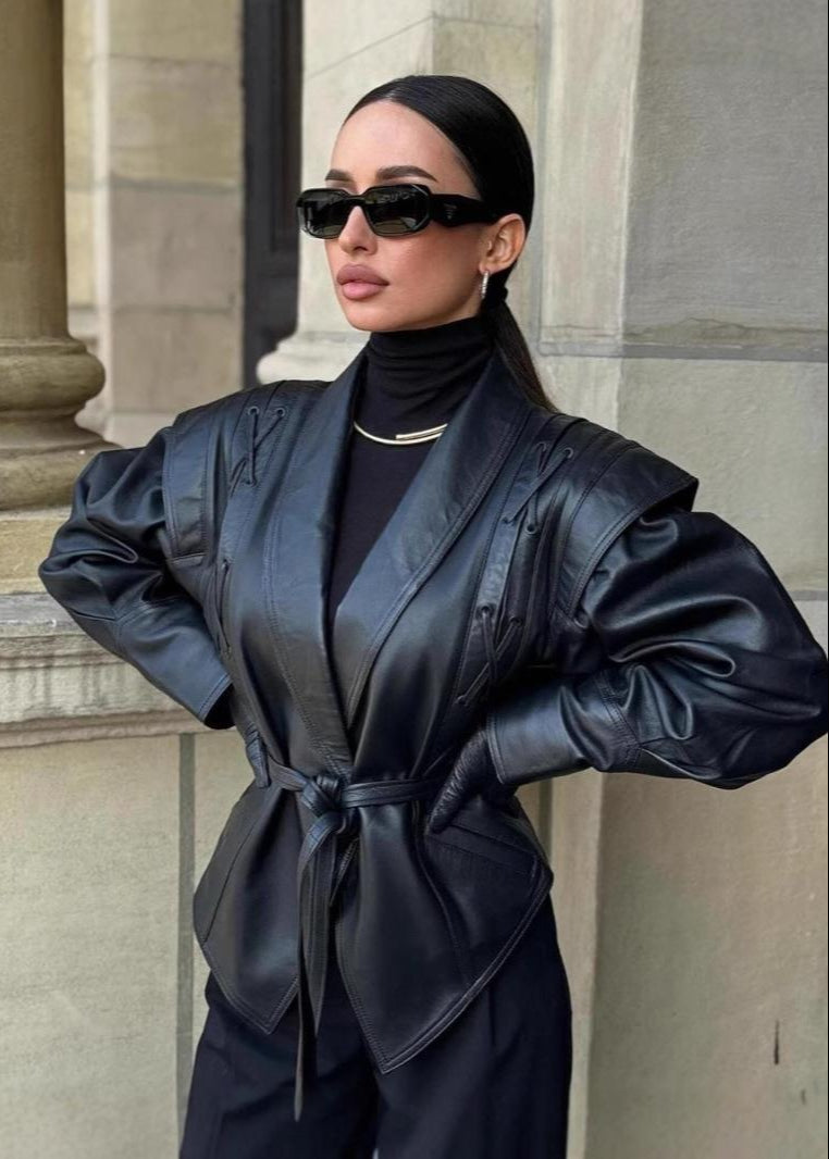 Madée | Black Leather Look Women's Blazer with Bow Belt and Shoulder Details