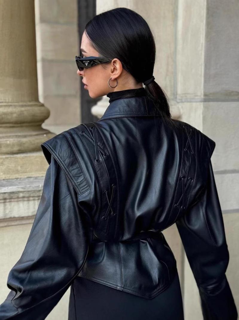 Madée | Black Leather Look Women's Blazer with Bow Belt and Shoulder Details