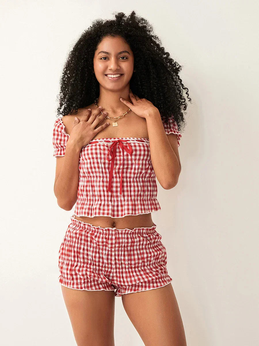 Gingham Off-Shoulder Co-ord Set - Trendy Style