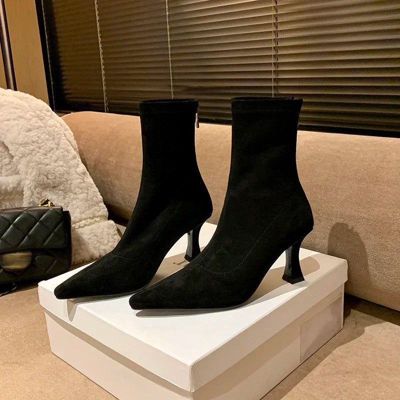 Noémie | Black Suede-Look Toe Sock Boots with Heel