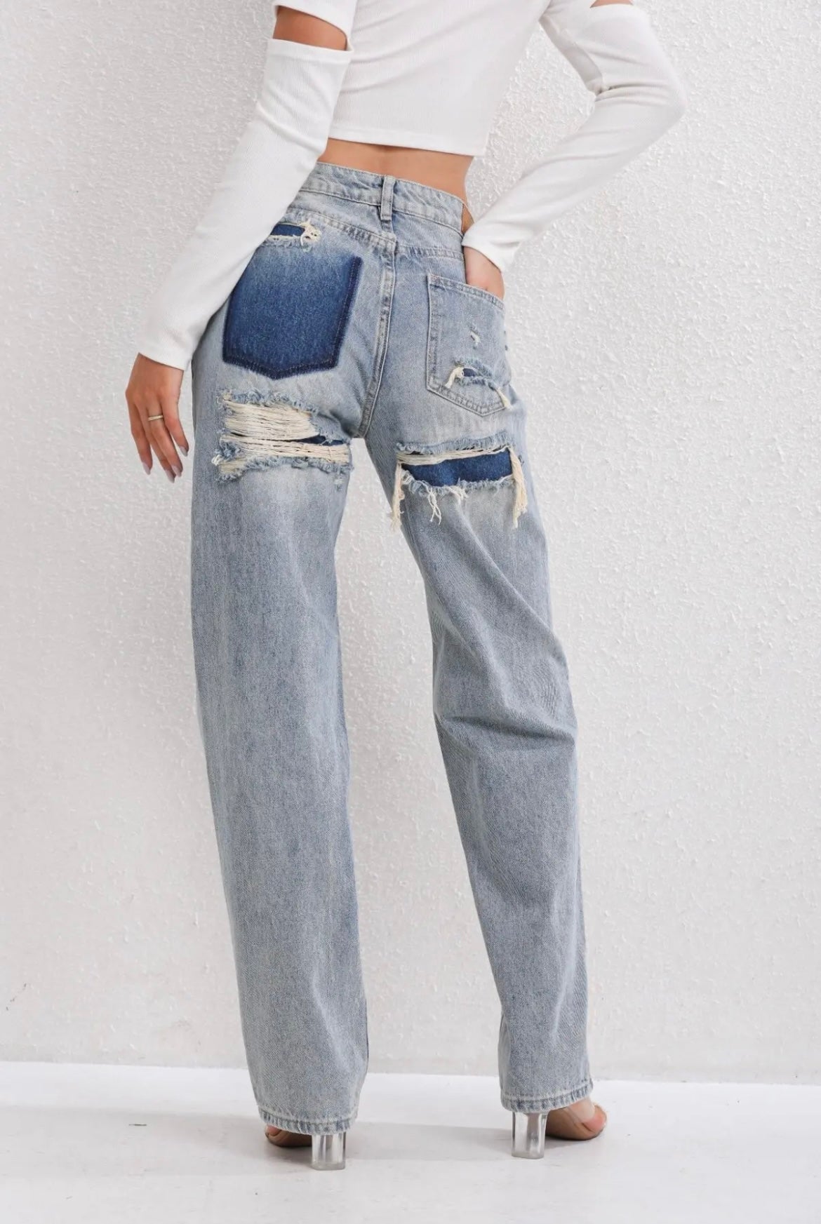 Burgina | Retro Distressed Jeans Featuring Distinctive Patchwork Accents