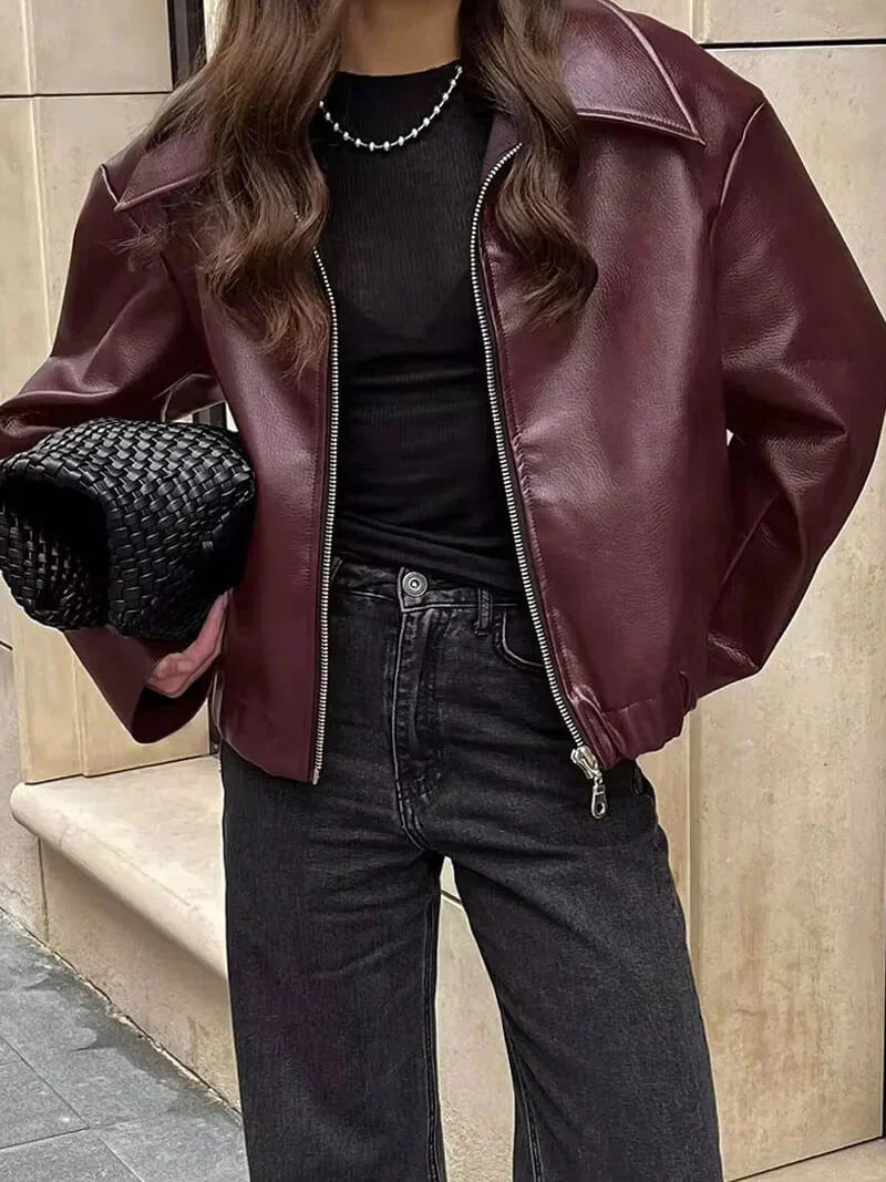 Meis | Burgundy Leather Jacket for Women