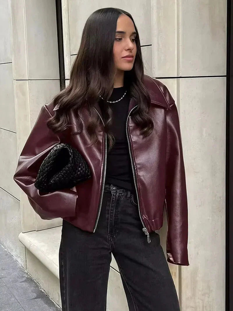 Meis | Burgundy Leather Jacket for Women