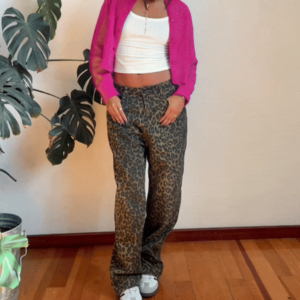Melyna | Women's High-Waisted Wide-Leg Leopard Print Jeans